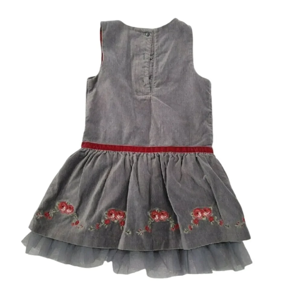 Grey velvet dress with red embroidery accents